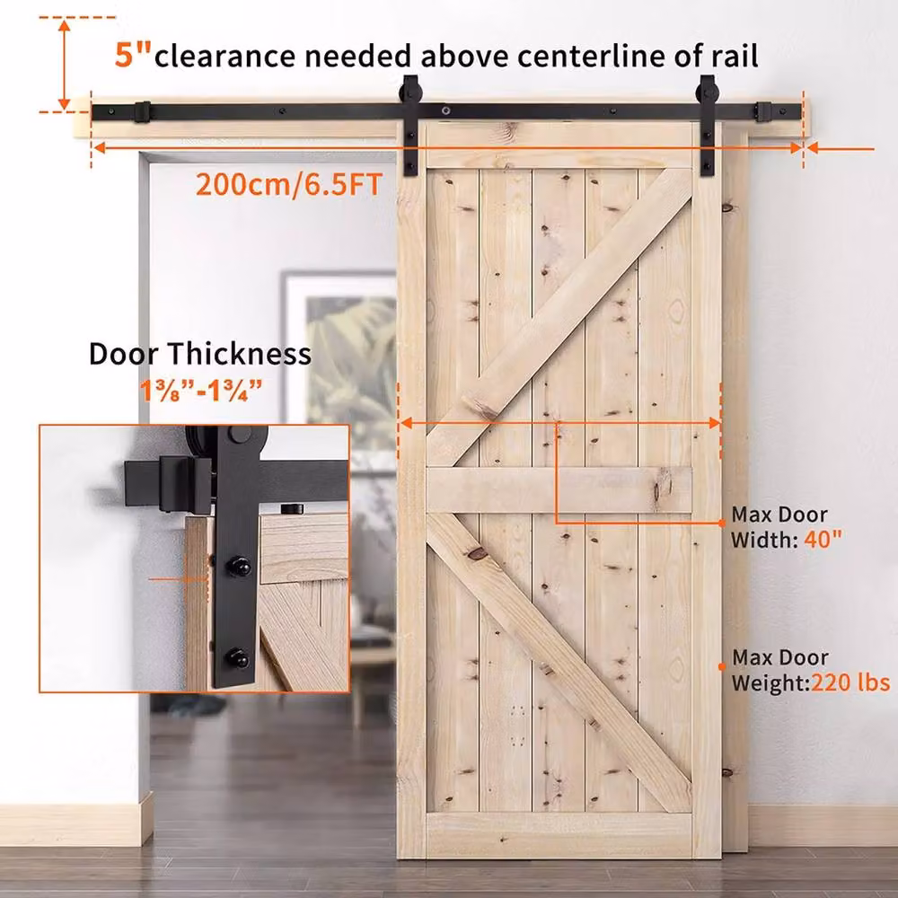 Hinsinc 6.6ft Sliding Wood Barn Door Track System Kit in Black Powder Coated Steel – 2