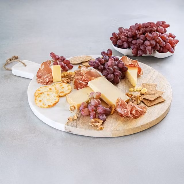 MasterClass Gourmet Prep and Serve Round Wood and Marble Paddle Board in White and Brown, Diameter: 40.5 cm