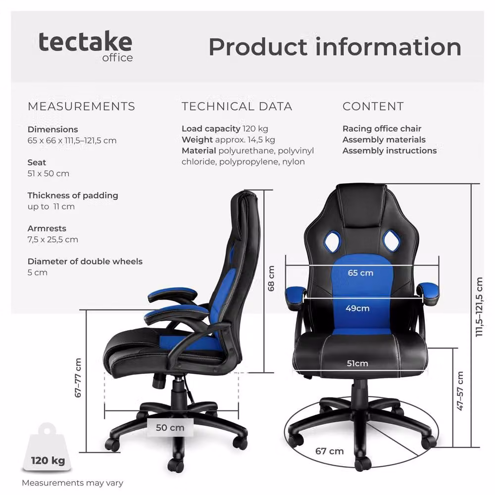 tectake Tyson Gaming Chair in Blue with Armrests and Castors – 6