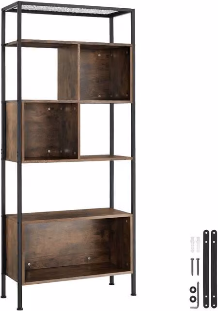 tectake Hastings Free Standing Shelf with 5 Tiers and 3 Storage Compartments in Brown – 1