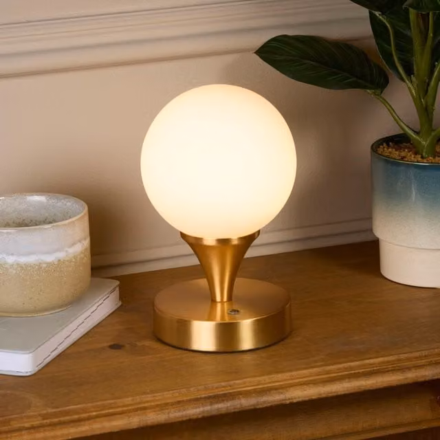 Lighting Collection Rechargeable Dimmable White Opal Glass Table Lamp in Gold and Brass