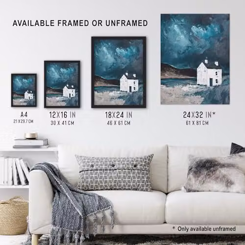 Artery8 Scottish Coastal Cottage Night Oil Painting Landscape Wall Art Poster Print on Thick Paper, Blue, 18 x 24 Inch – 3