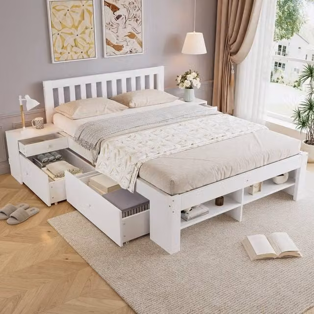 Matteo White Wooden Double Bed Frame with Storage Drawers and Bedside Shelves, W/D/H: 140 x 200 cm