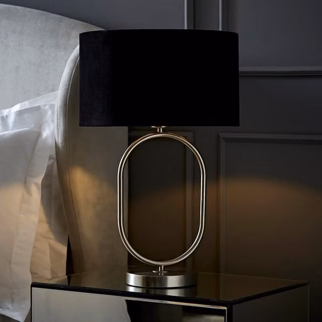 ValueLights Antonia Oval Table Lamp in Brushed Chrome with Black Velvet Drum Shade and LED Bulb