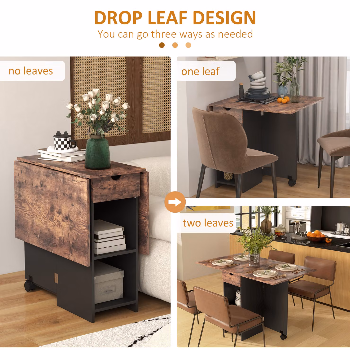 HOMCOM Folding Butterfly Leaf Dining Table with Storage Shelves and Drawer in Rustic Brown – 5