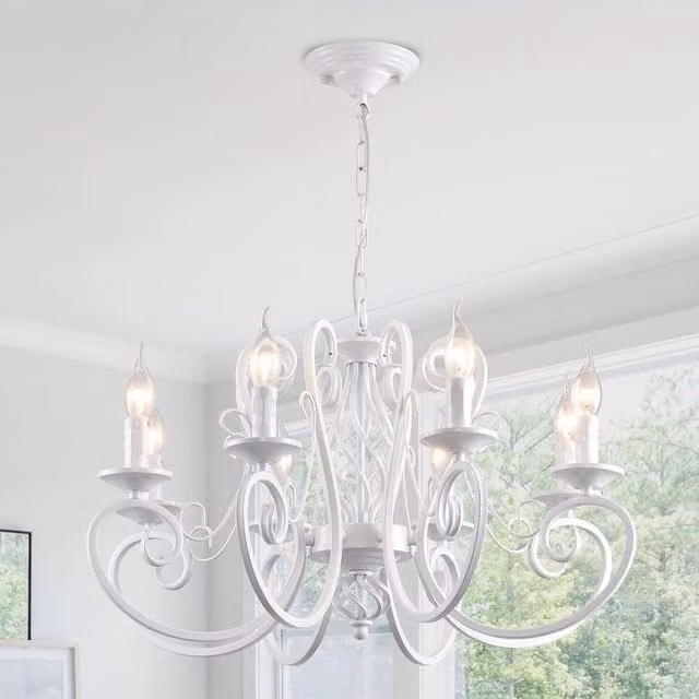 NIVOR 8-Light French Country Vintage Metal Adjustable Pendant Chandelier in White
