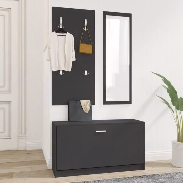 Berkfield Home 3-in-1 Modern Shoe Cabinet, Wall Rack and Mirror Set in Black Matt MDF – 1