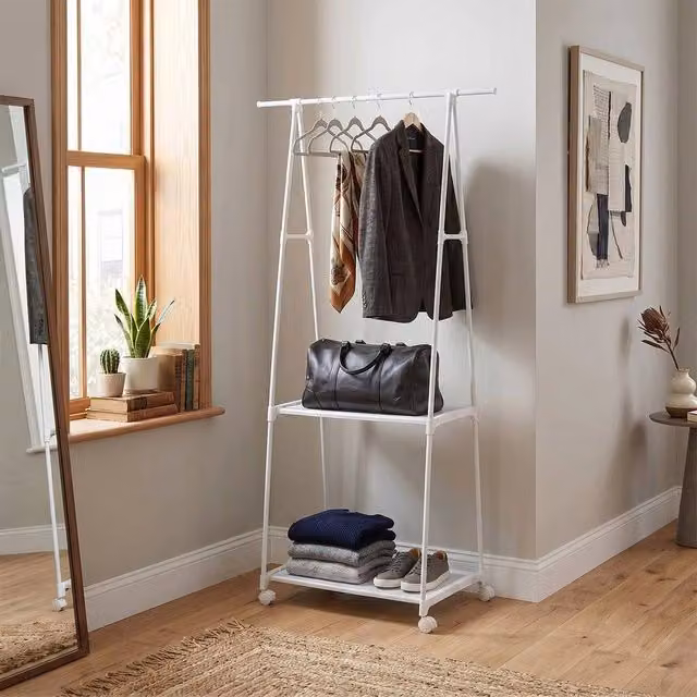 FORGEVIO White Mobile Clothes Rail with Glossy Metal Finish