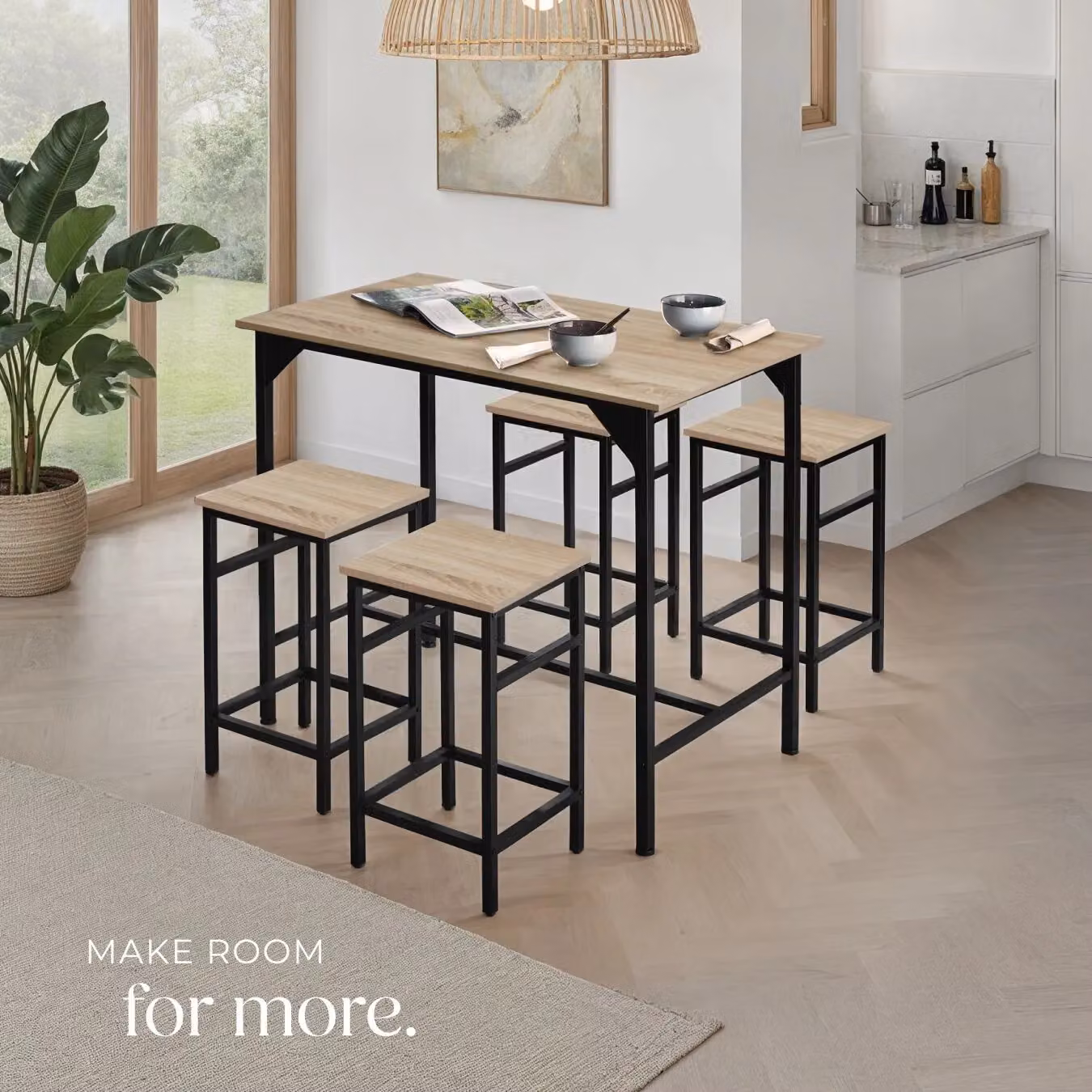 tectake Edinburgh Dining Table and 4 Bar Stools Set in Light Oak – 6