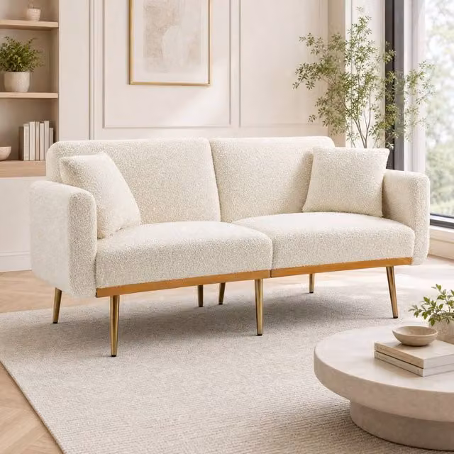 STILVORA 2-Seater White Bouclé Click-Clack Sofa Bed with Adjustable Headrest and Gold Accents