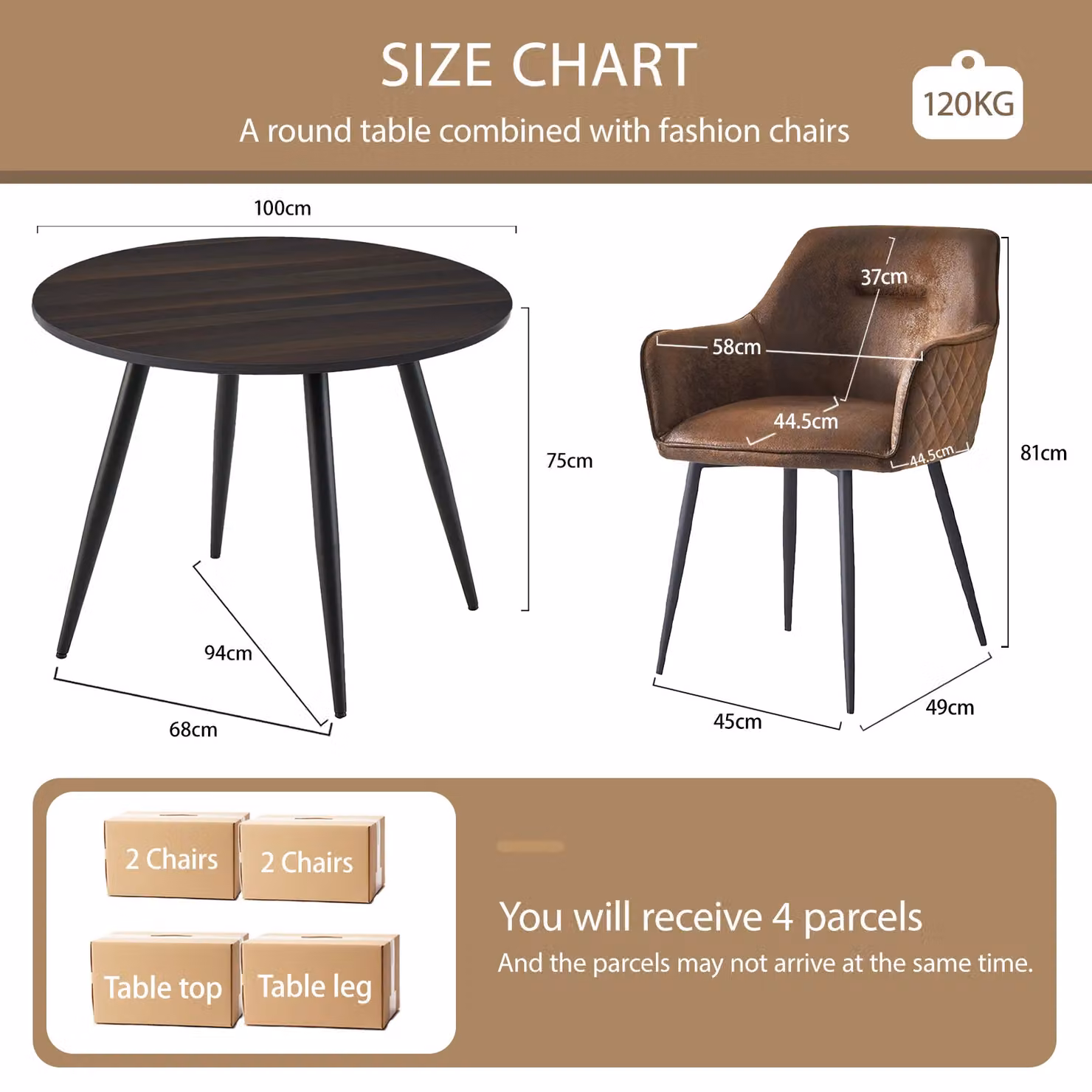 SONARA Dark Walnut Round Dining Table and 4 Brown Faux Suede Dining Chairs Set – 2