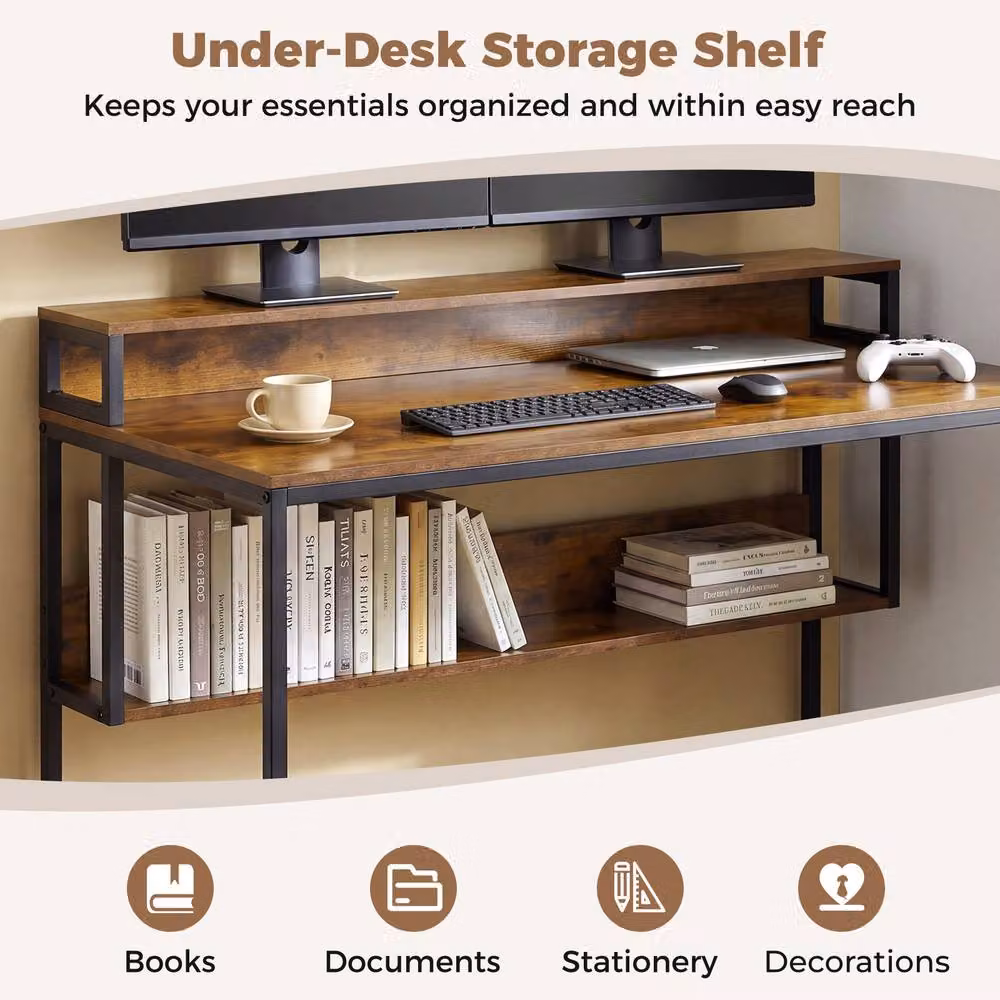Gymax Industrial Office Desk with Monitor Stand, Brown Metal Frame – 5
