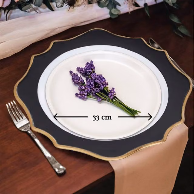 Orsina White, Black and Gold Scalloped Serving Platter, Diameter: 33.0 cm