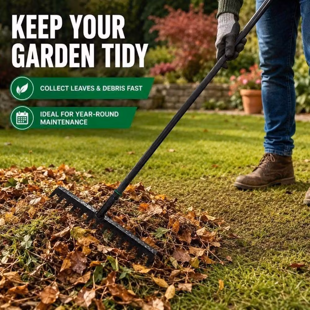 VOGREX Hardened Steel Garden Rake in Black for Leaves, Hay, Lawns and Pebbles – 2