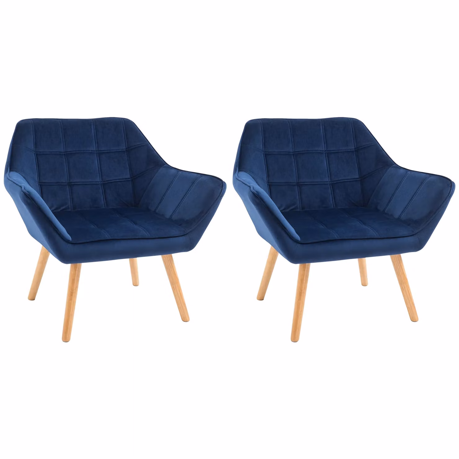 HOMCOM Set of 2 Modern Blue Velvet Accent Armchairs with Metal Frame and Wooden Legs – 2