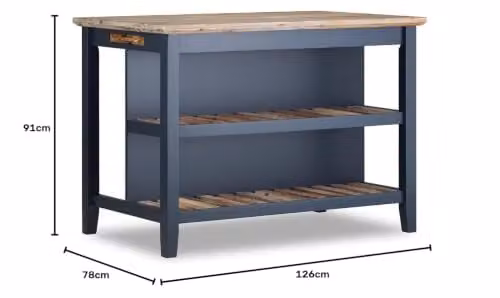 Statement Furniture Florence Breakfast Bar Kitchen Island with Acacia Wood Top and Slatted Shelves in Navy Blue, W: 126 cm, D: 78 cm, H: 91 cm