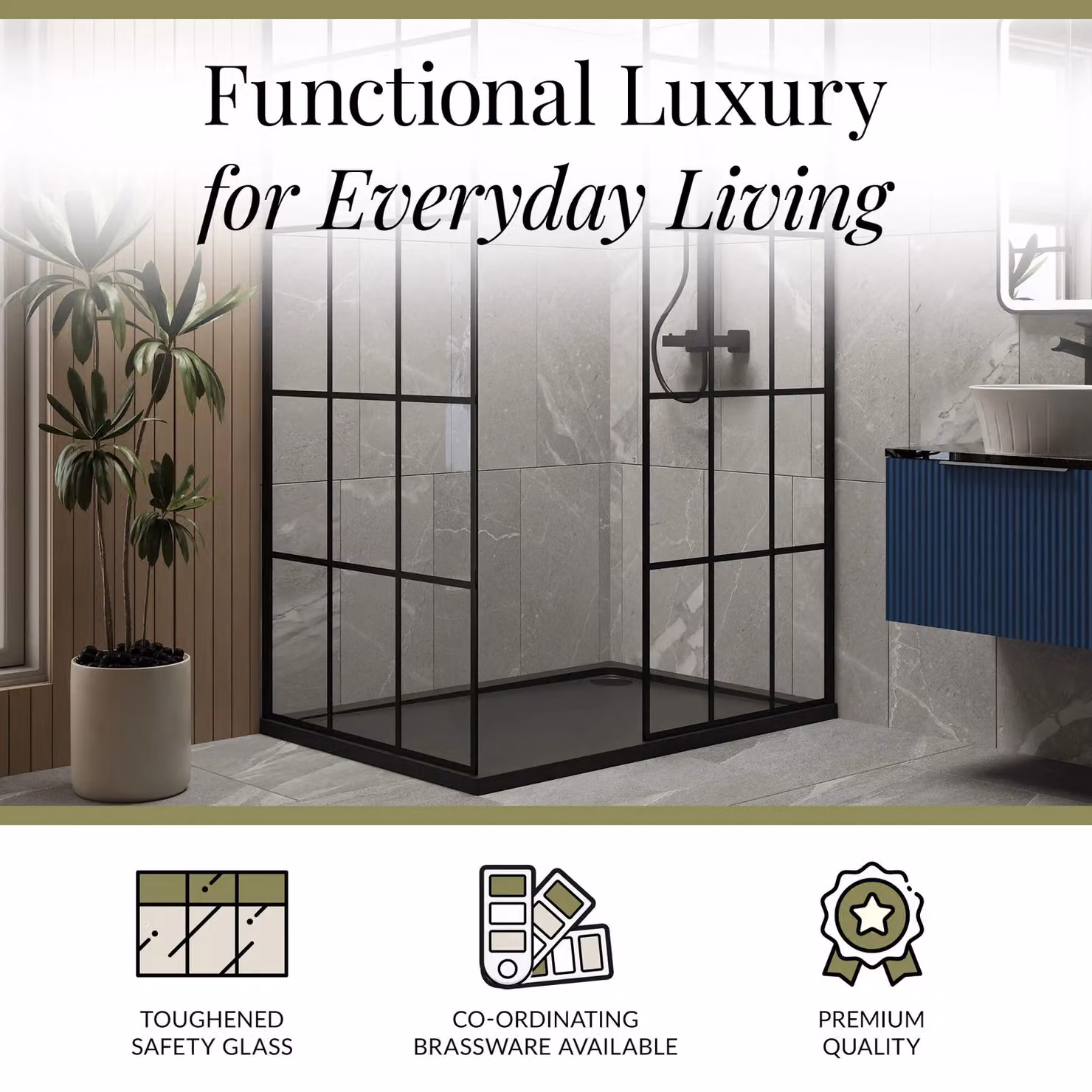 Balterley 8mm Glass Walk-In Wetroom Screen and Tray Set, Black and Grey, W: 1200 mm, D: 900 mm – 3