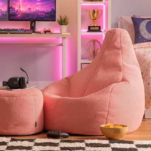 icon Mesh Gaming Bean Bag and Footstool with Filling, Pink – 2