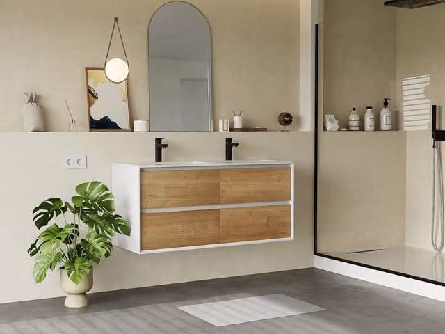 Vente-unique Suspended Under-Basin Vanity Unit in Light Oak and White Finish, W/D/H: 120 x 45.6 x 55 cm