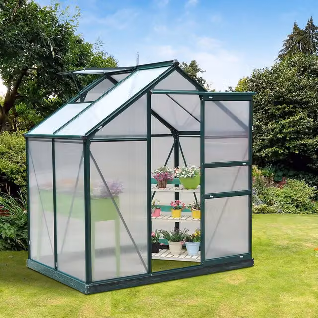 Outsunny Walk-In Polycarbonate Greenhouse with Green Aluminium Frame and Sliding Doors, H 190 x W 132 x D 132 cm – 2