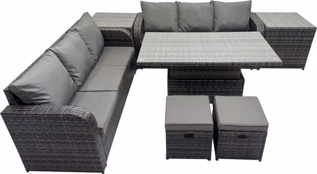 Fimous 8-Seater Rattan Garden Furniture Set with 2 Side Tables and 2 Small Stools in Dark Grey – 1