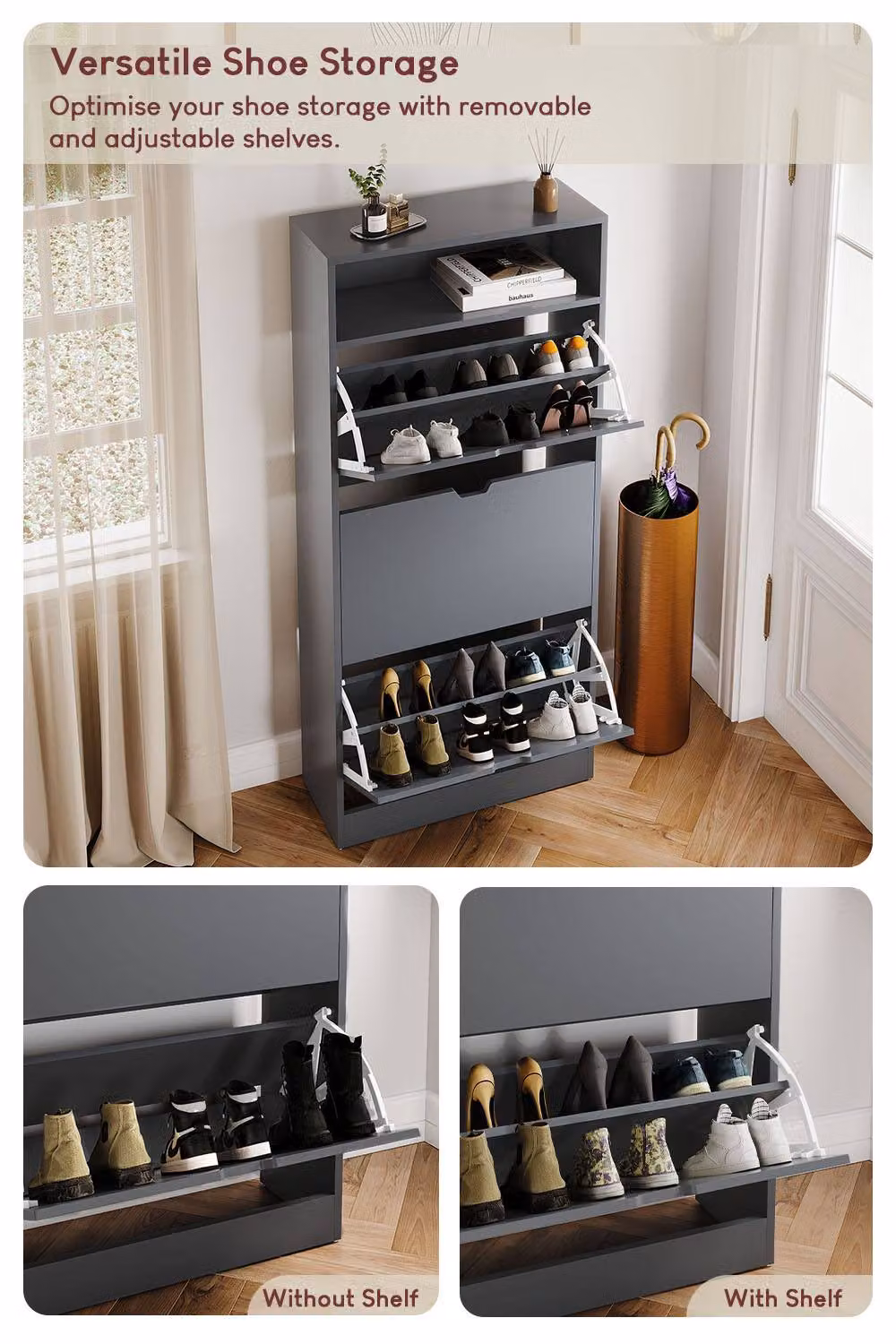 Vida Designs Modern Grey 3 Drawer Shoe Cabinet with Tilting Compartments and Internal Shelves – 3