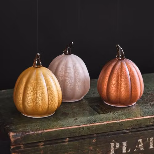 Lights4fun Set of 3 Mottled Glass Decorative LED Pumpkin Lights in White and Orange for Autumn and Halloween Tabletop Decoration – 3