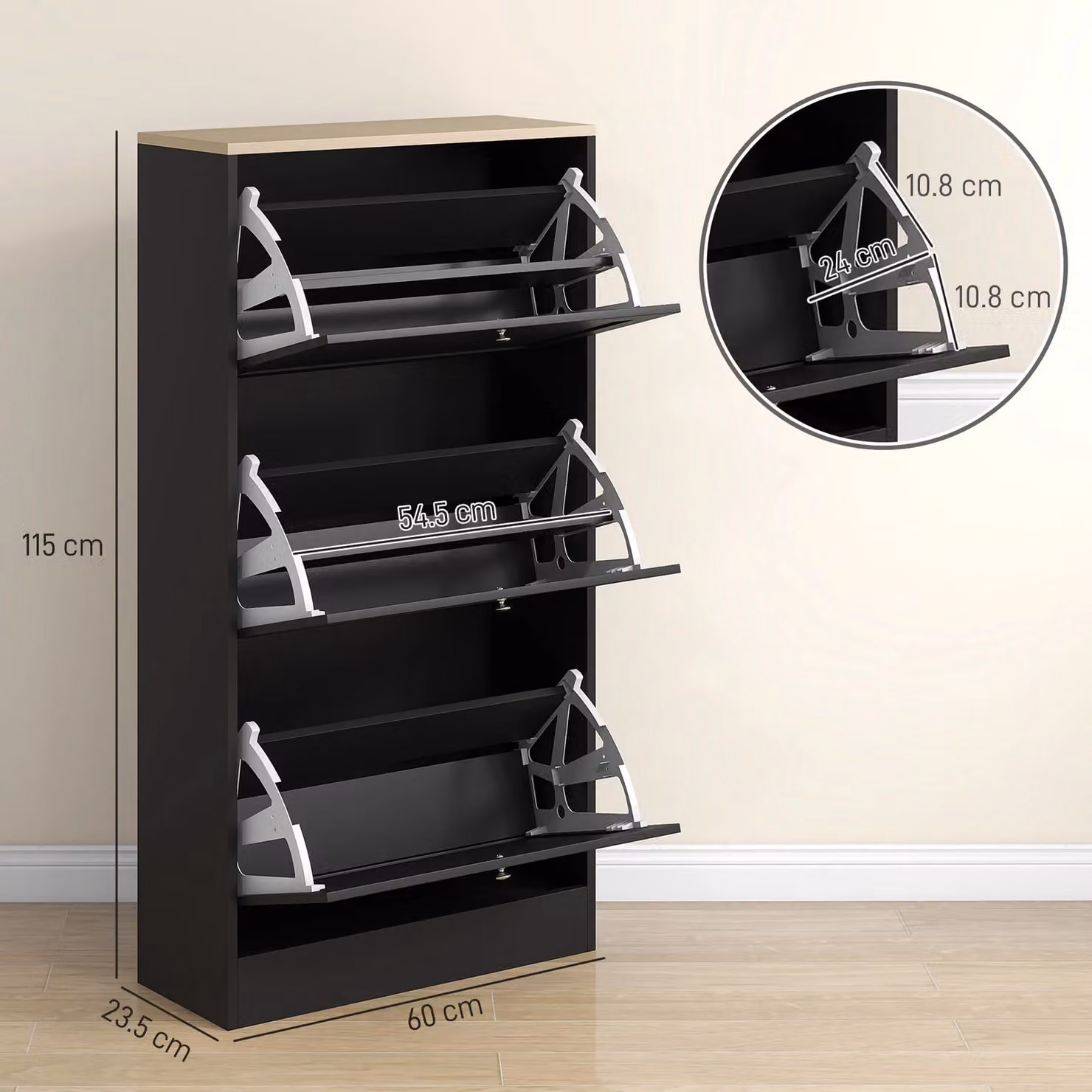 HOMCOM Modern Narrow Black Shoe Cabinet with 3 Tilting Compartments and Internal Shelves – 3