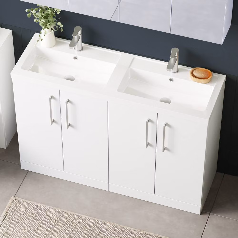Balterley Gloss White 4 Door Floor Standing Bathroom Unit and Double Basin, W: 120 cm, H: 84 cm – 4