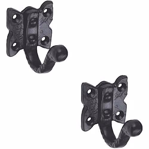 Loops 2 Pack Single Ornate Wall Mounted Wardrobe Hooks on Butterfly Backplate, Black Antique, 4.7 cm Projection