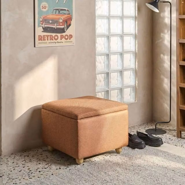 Wyld and Coco Brown Fabric Storage Pouffe with Pine Wood Frame, W/D/H: 60.0 x 46.0 x 46.0 cm
