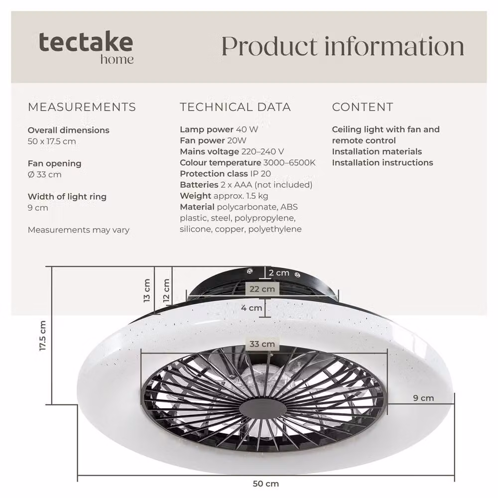 tectake Storm LED Ceiling Light with Fan in Black, Dimmable with Remote Control and Night Light Function – 6