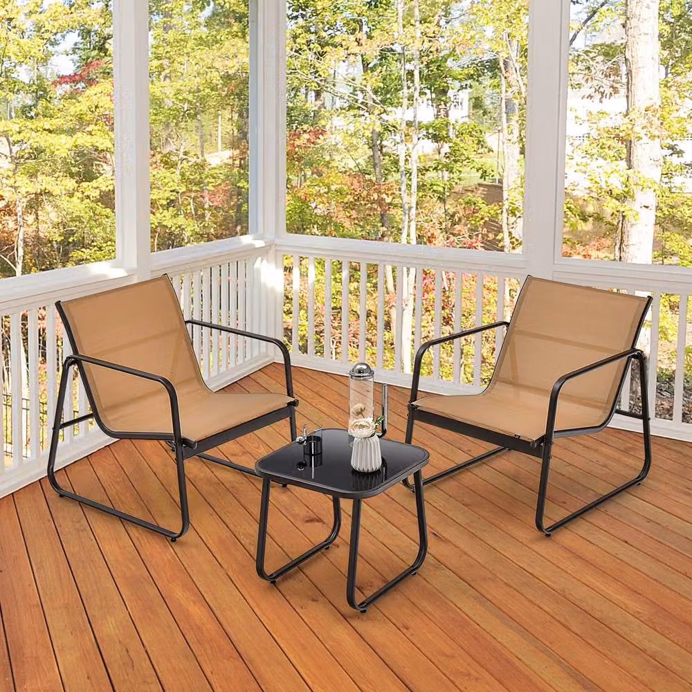 Gymax 3 Piece Brown Metal Patio Conversation Set with Tempered Glass Table and Textilene Armchairs – 4