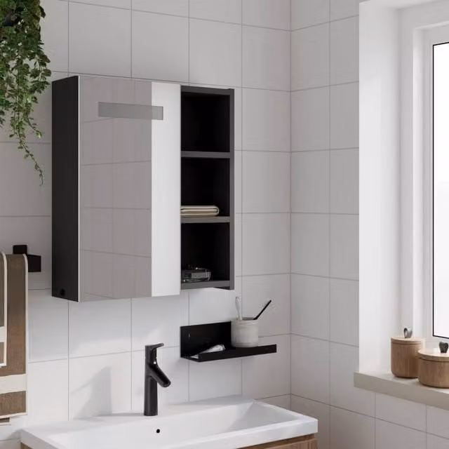 Berkfield Home Modern Black Bathroom Mirror Cabinet with LED Lighting, W: 45 cm, D: 13 cm, H: 52 cm – 1