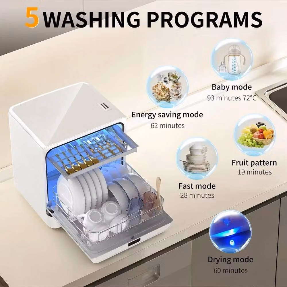 NESTLUNE Portable Tabletop Fully Automatic Dishwasher with 5 Programs and 5L Tank Capacity in White – 4