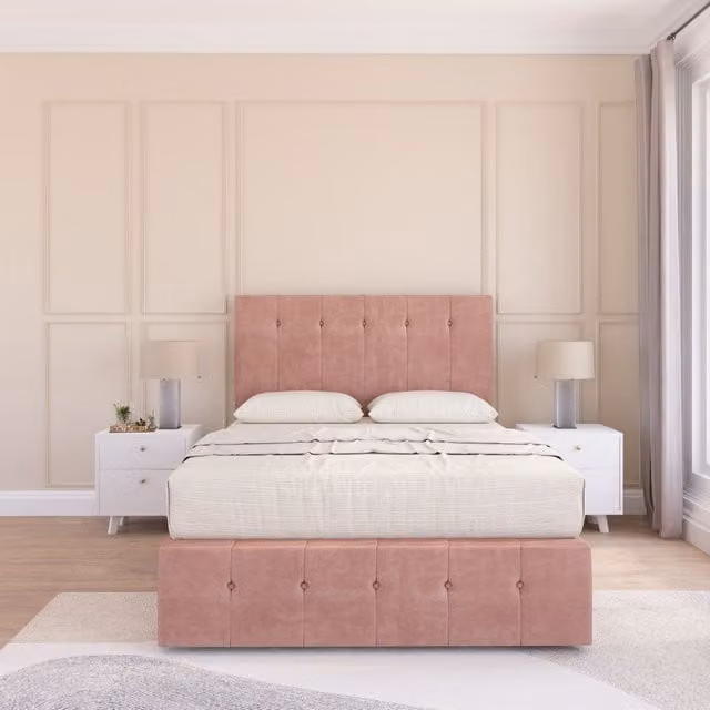Sloomy Cambridge Double Divan Bed Set with Matching Footboard in Pink Plush Velvet, W/D/H: 140 x 200 cm
