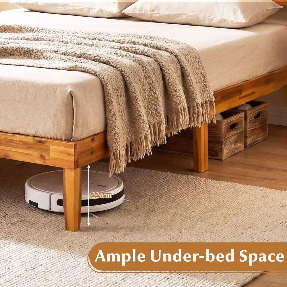 Costway Double Acacia Wood Platform Bed Frame with Tufted Fabric Headboard in Beige, W/D/H: 140 x 200 cm – 5