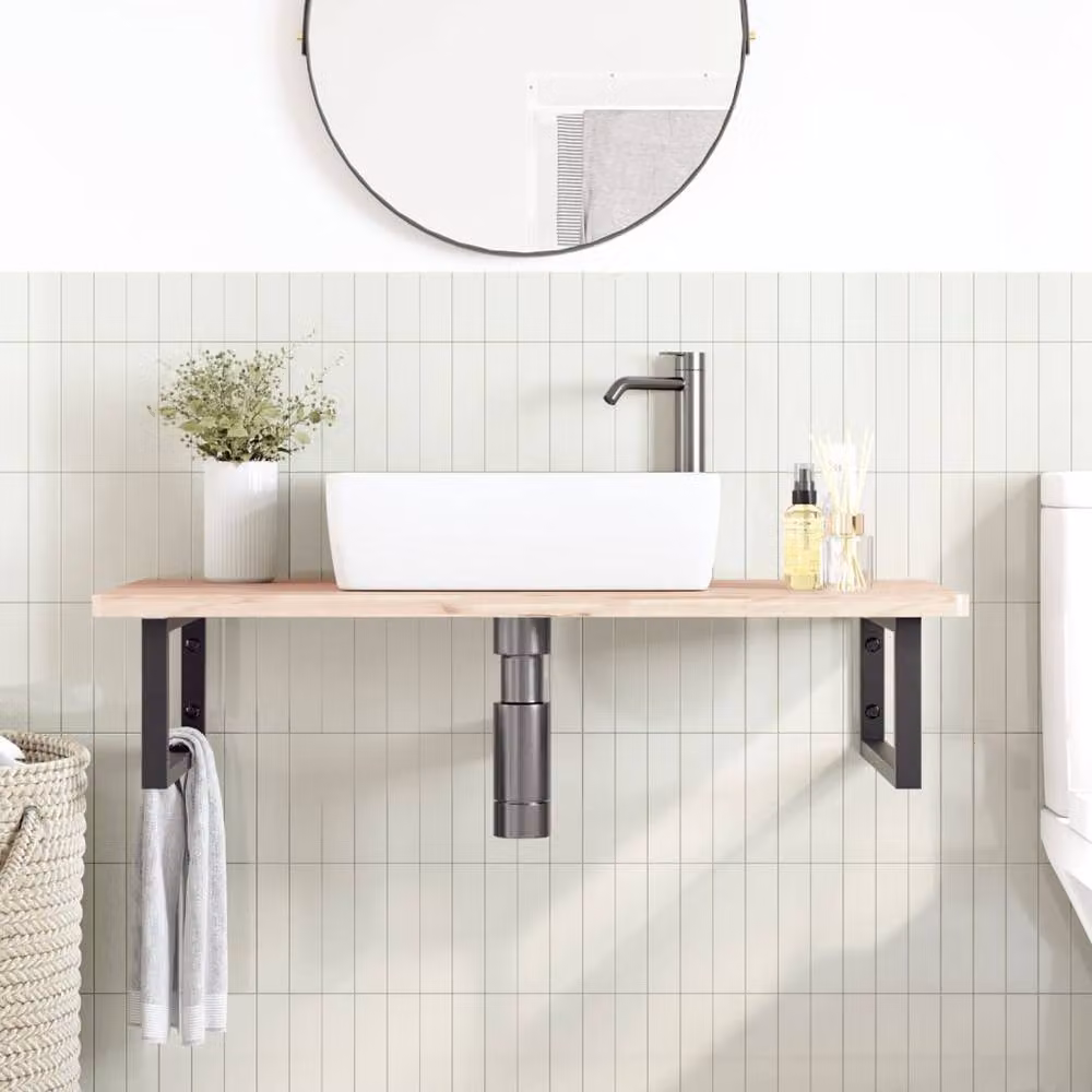 Berkfield Home Wall Mounted Basin Shelf in Brown Steel and Solid Beech Wood – 2