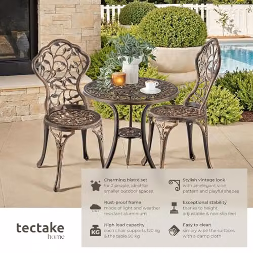 tectake Lyon 3-Piece Bistro Set for 2 People, Antique Bronze Powder Coated Aluminium Garden Table and Chairs with Floral Pattern for Balcony and Terrace – 2