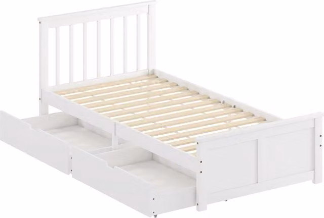 HOMCOM White Solid Wood Single Bed Frame with Drawers, 90 x 190 cm