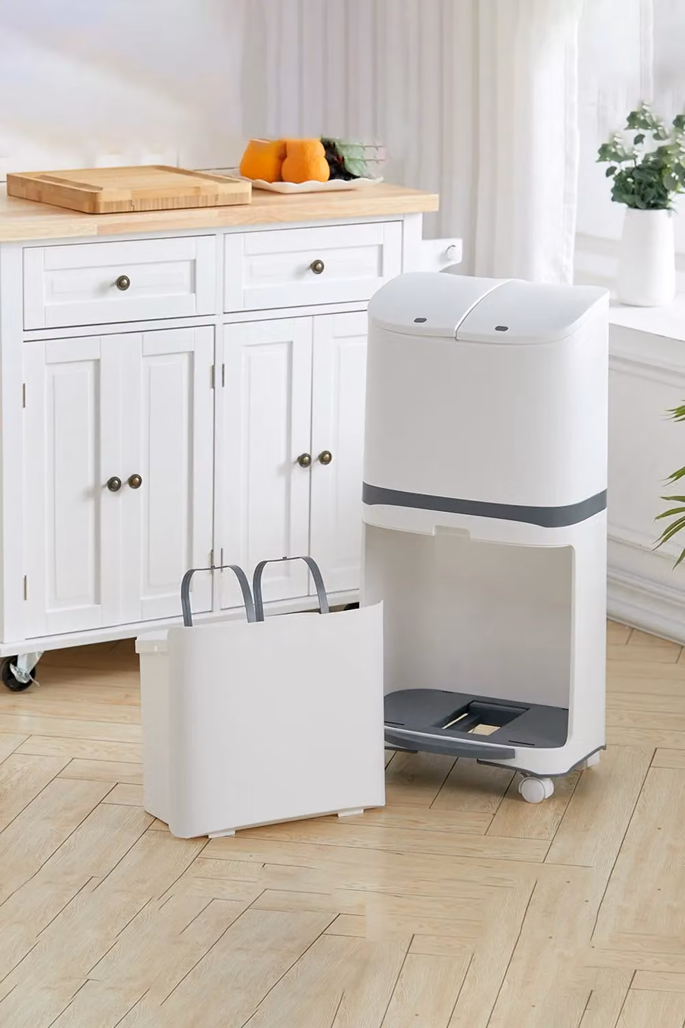 Living and Home 48L Pedal Rubbish Bin with 3 Compartments and Wheels in White – 2
