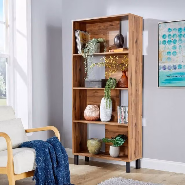 Home Source Newton 4 Tier Modern Industrial Bookcase Shelving Unit in Oak Effect Brown