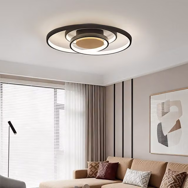 Livingandhome Modern 3-Light LED Ring Ceiling Light in Black and Wood
