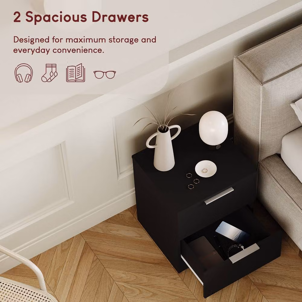 Vida Designs Trega 2 Drawer Bedside Chest Space Saving Unit, Set of 2, Black – 6