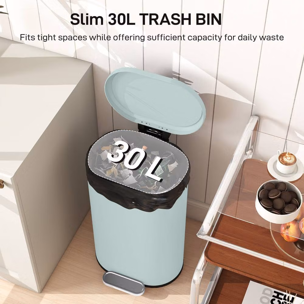 HOMCOM Slim Rectangular 30L Pedal Bin with Soft-Close Lid and Fingerprint-Proof Metal Finish in Aqua Blue – 3
