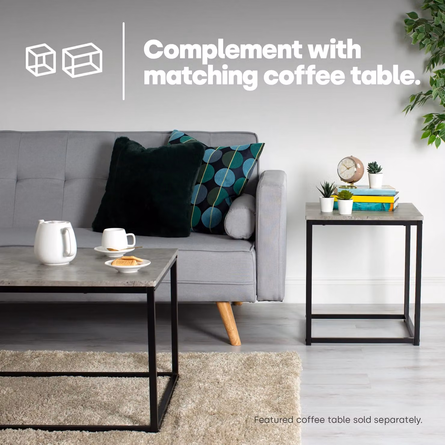 LIVIVO Industrial Concrete Effect Coffee and Square Side Table with Metal Frame in Grey – 3