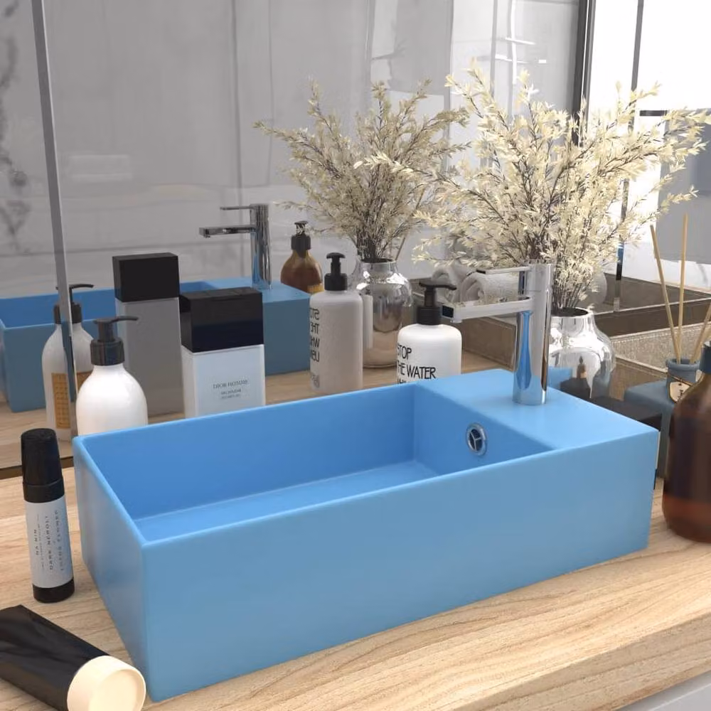 Berkfield Home Rectangular Ceramic Countertop Bathroom Sink with Overflow in Blue – 2