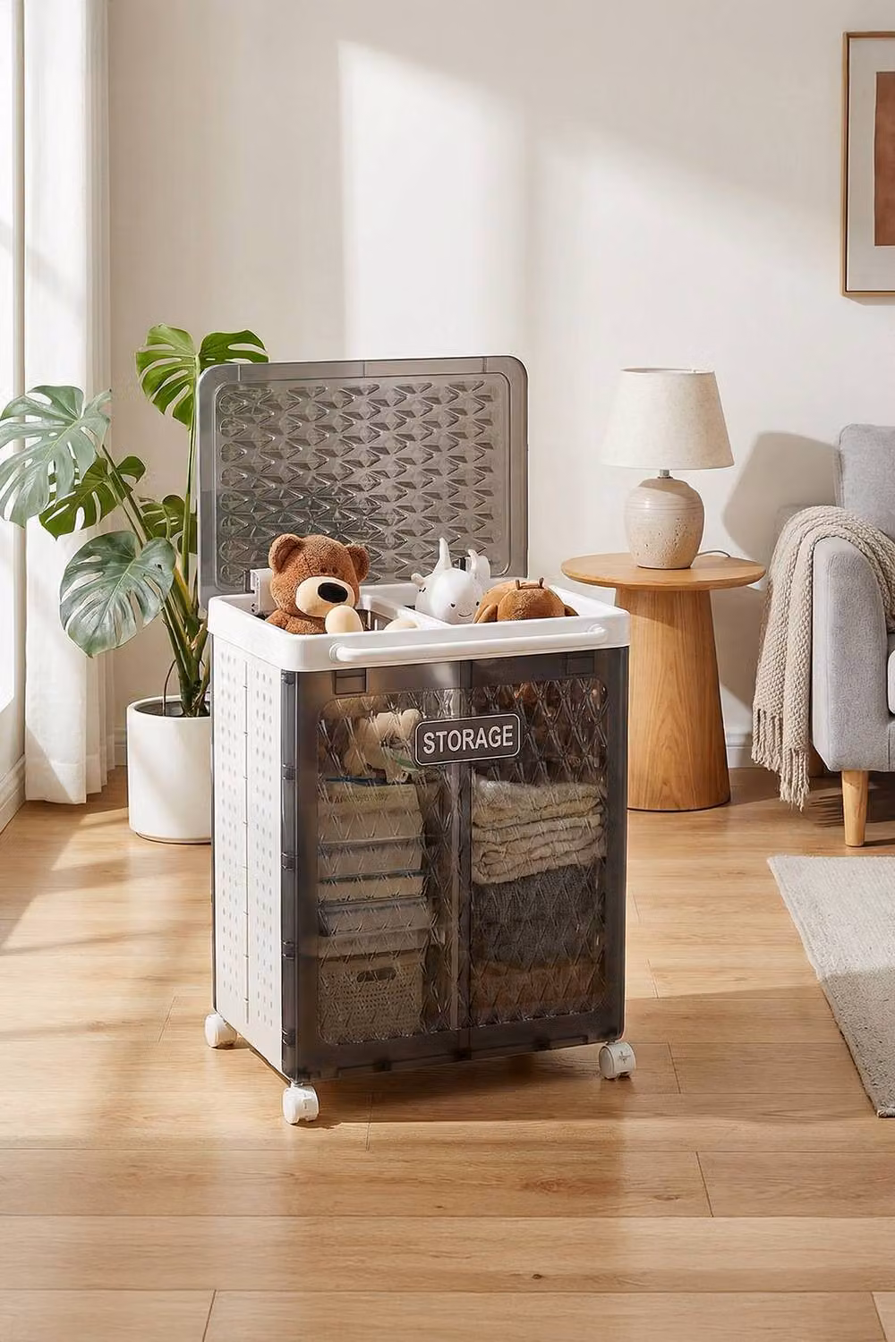 Living and Home Collapsible 2-Section Laundry Basket with Wheels in Black – 2