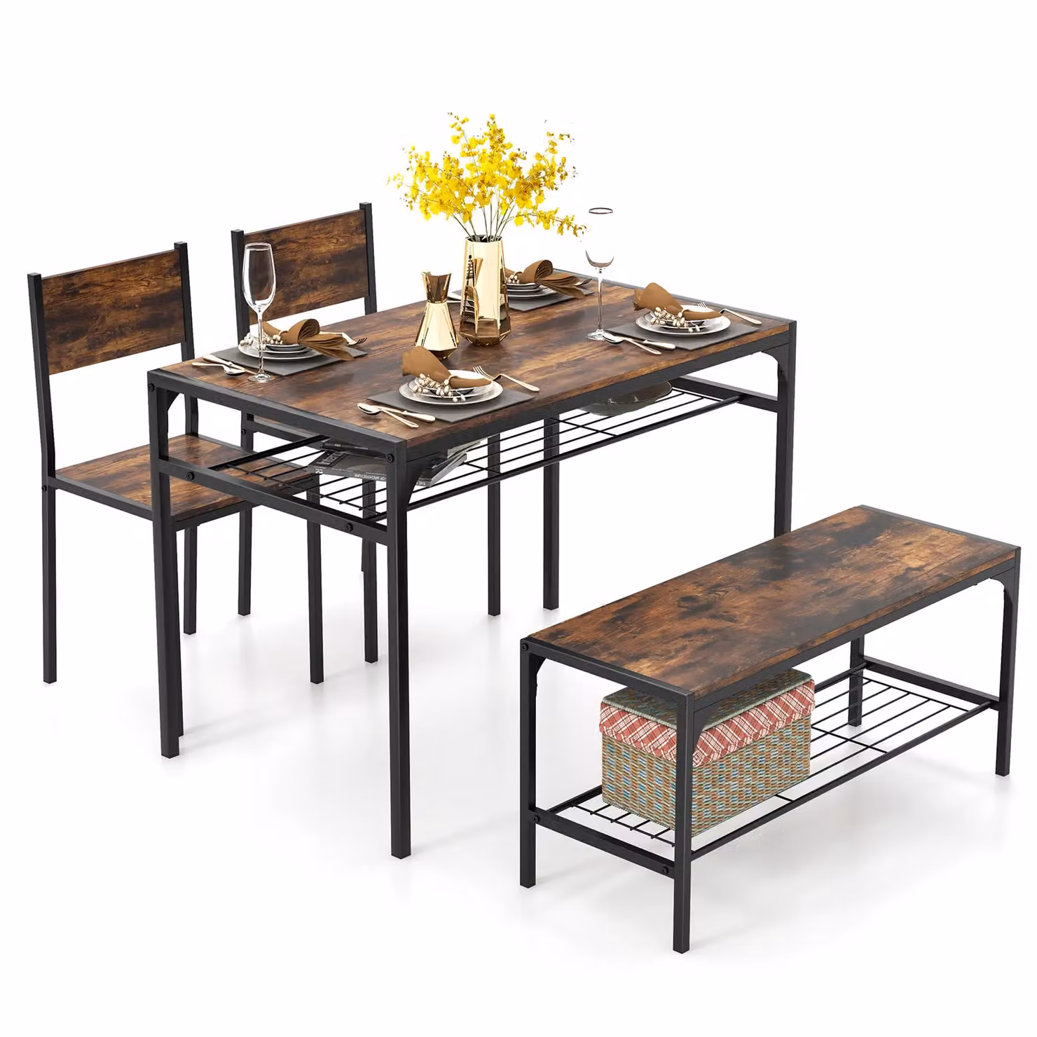 Costway 4-Piece Industrial Dining Set with Rectangular Kitchen Table, Chairs and Bench in Brown – 3