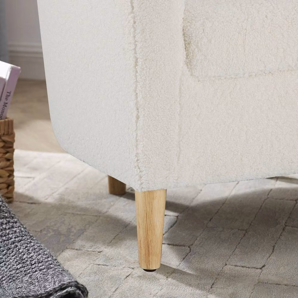 FLAVORA White Bouclé Sherpa Accent Chair with Ottoman and Solid Wood Frame – 2